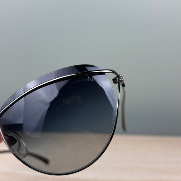 Chanel 4181 Cat Eye Sunglasses Silver Tone Wire Black Aviators Luxury Designer - Picture 15 of 16